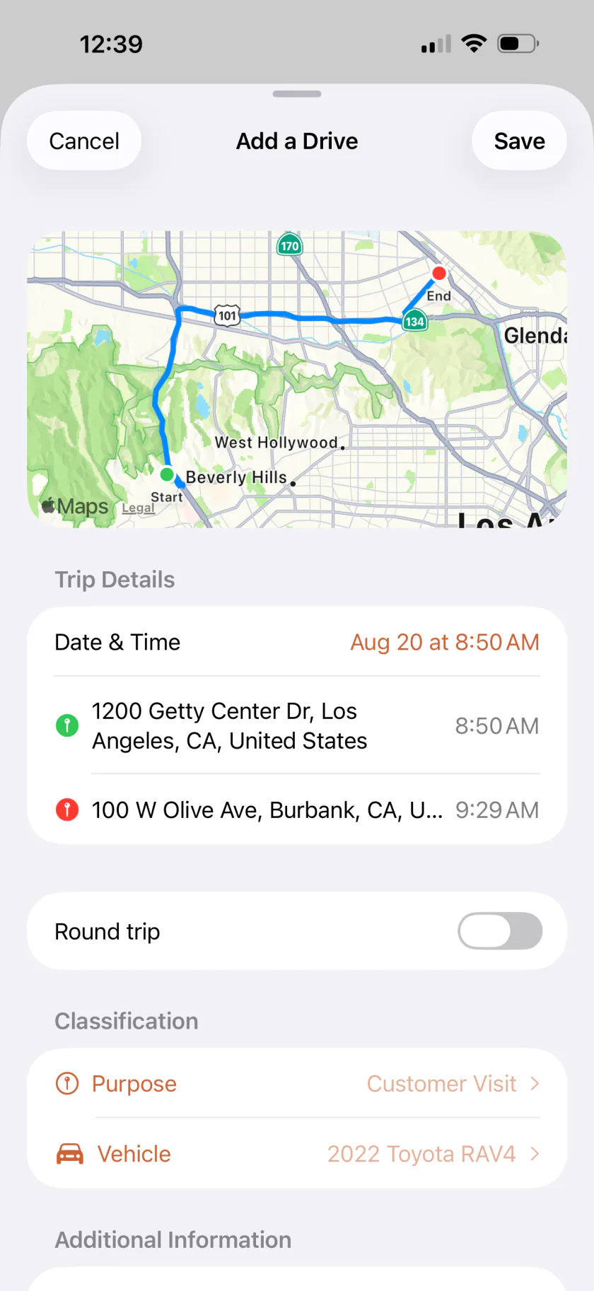 Adding a drive by hand in Mileful: start and end addresses filled in by autocomplete, with the road route drawn on a map above them