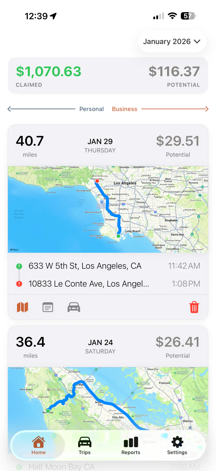 Mileful Home screen: the month’s claimed and potential deduction above two trips with their recorded routes drawn on a map