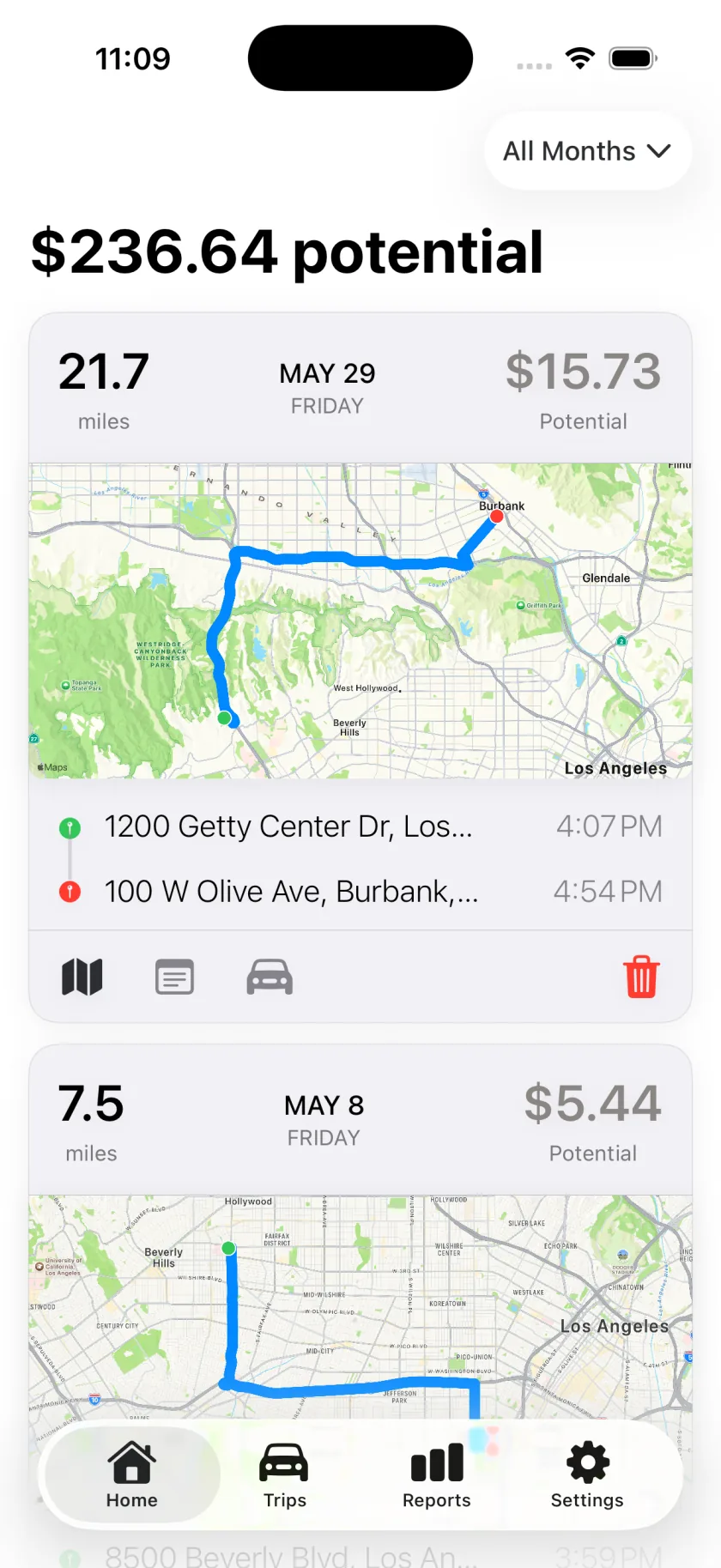 Mileful Home screen with year-to-date deduction summary