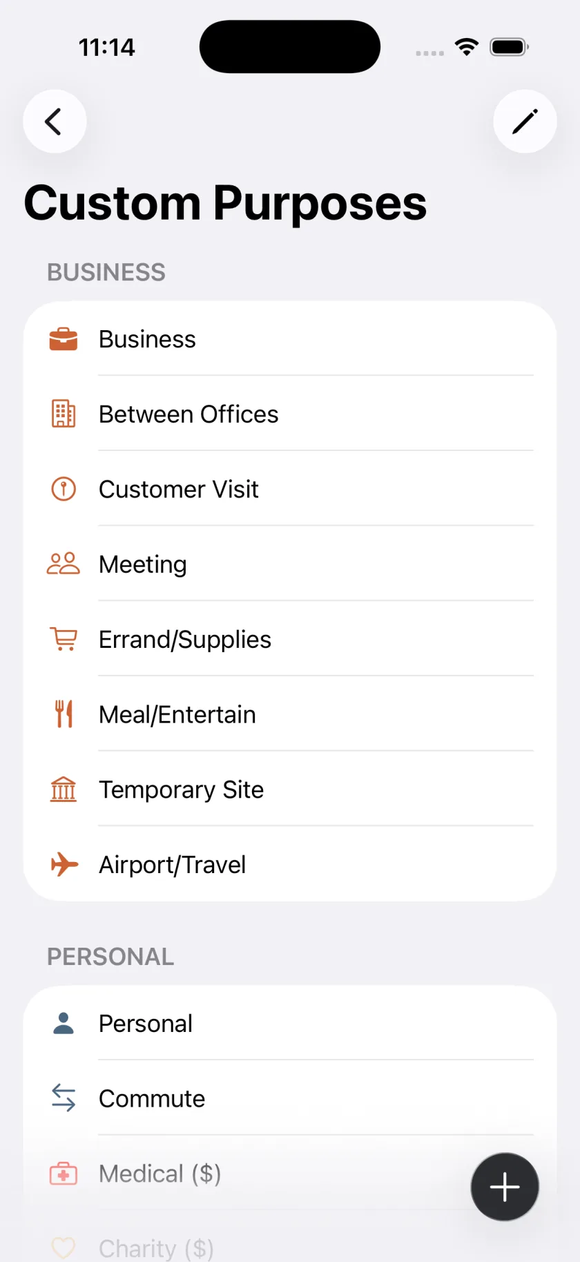 Mileful custom trip purposes screen
