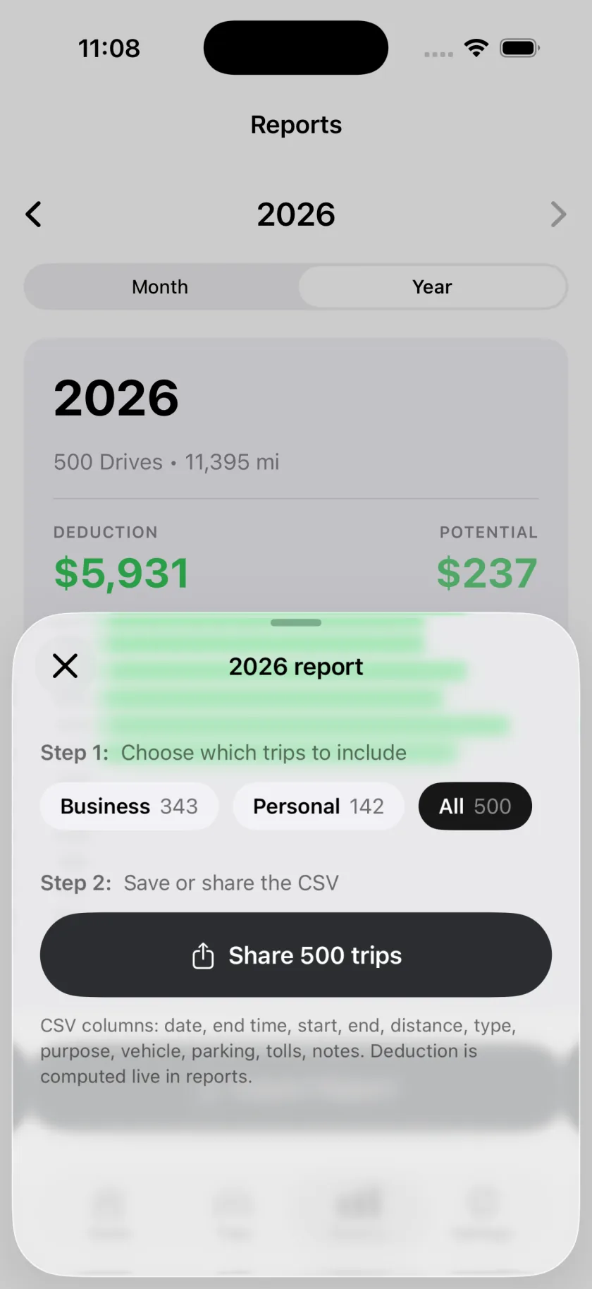 Mileful CSV report export screen with date range and category filters